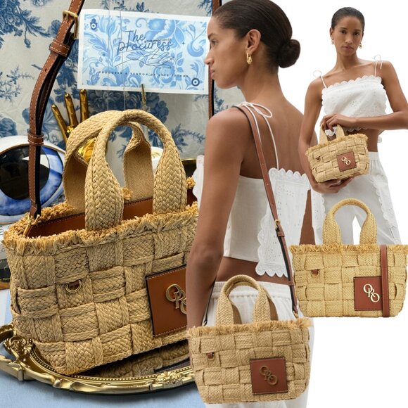 🆕 OROTON 🧿 NWOT Calypso Small Woven Straw Crossbody Tote, Natural & Saddle - Picture 1 of 16
